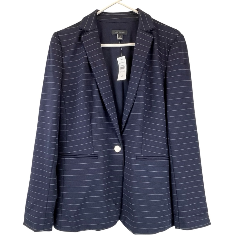 NEW Ann Taylor Navy Pinstripe Single Silver Button Blazer Sz 8 NWT